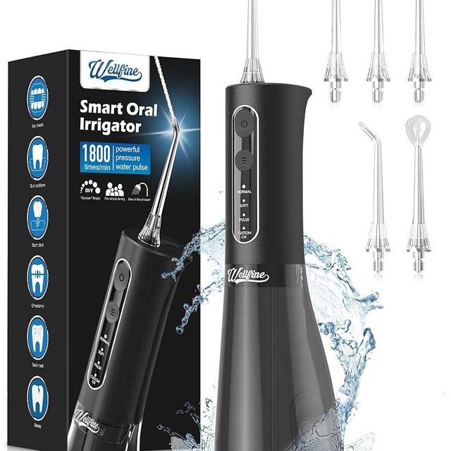 WELLFINE Water Dental Fosser Teeth Pick - 4 Modes Cordless Oral Irrigator 300ML Portable and Rechargeable IPX7 Waterproof Powerful Battery Life Water Dental Piks for Cleaning for Home Travel