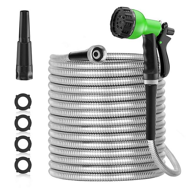 SPECILITE 50ft 304 Stainless Steel Metal Garden Hose, Heavy Duty Water Hoses with 2 Nozzles for Yard, Outdoor - Flexible, Never Kink & Tangle, Puncture Resistant