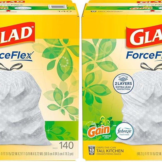 Glad ForceFlex Tall Kitchen Trash Bags,13 Gallon,Gain Original,(Package May Vary),140 Count (Pack of 2)