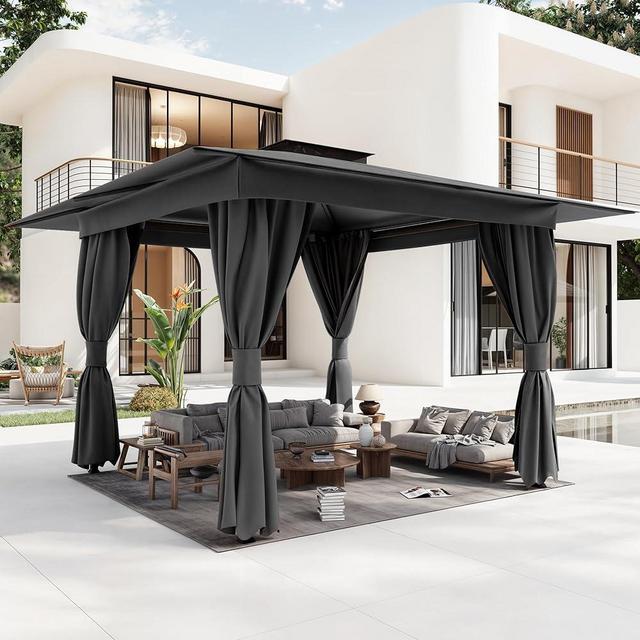 YOLENY 10'x10' Outdoor Gazebo for Patio, Heavy Duty Party Tent with Double Roofs, Outdoor Canopy with Curtains and Nettings for Deck, Lawn and Backyard, Grey