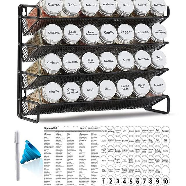 SpaceAid Spice Rack Organizer with 28 Spice Jars, 386 Spice Labels, Chalk Marker and Funnel Set for Cabinet, Countertop, Pantry, Cupboard or Door & Wall Mount - 4 Tier, White Label