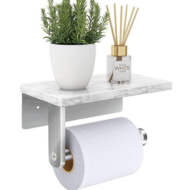Gypie Brushed Nickel Toilet Paper Holder with Natural Marble Shelf, Screw Wall Mounted, Tissue Roll Holder for Bathroom Washroom