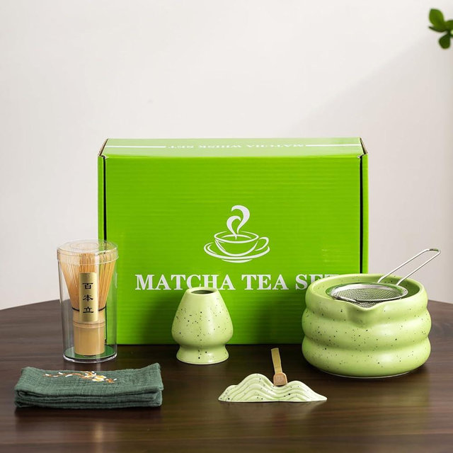 7Pcs Japanese Matcha Tea Set, Matcha Kit with Matcha Bowl (with Pouring Spout), Matcha Whisk, Whisk Holder, Strainer - Elegant Matcha Set for Gifting and Personal Use, Gift Box Packaging
