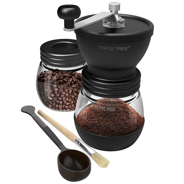 Manual Coffee Grinder with Ceramic Burrs, Hand Coffee Mill with Two Glass Jars(11oz each), Brush and 2 Tablespoon Scoop