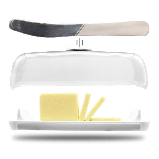 Butter Hub Butter Dish with Lid and Knife, Magnetic Butter Keeper, Easy Scoop, No Mess Lid, Plastic, Dishwasher Safe (Clear)