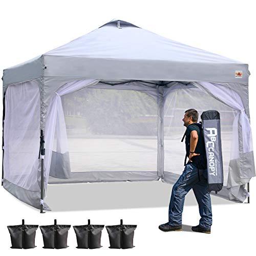 ABCCANOPY Canopy Tent Compact Outdoor Canopies 10x10 Instant Shelter Portable Canopies with Wheeled Backpack Carry Bag and Mesh Walls, Bonus Extra 4 Weight Bags, 4Ropes& 4Stakes, Gray