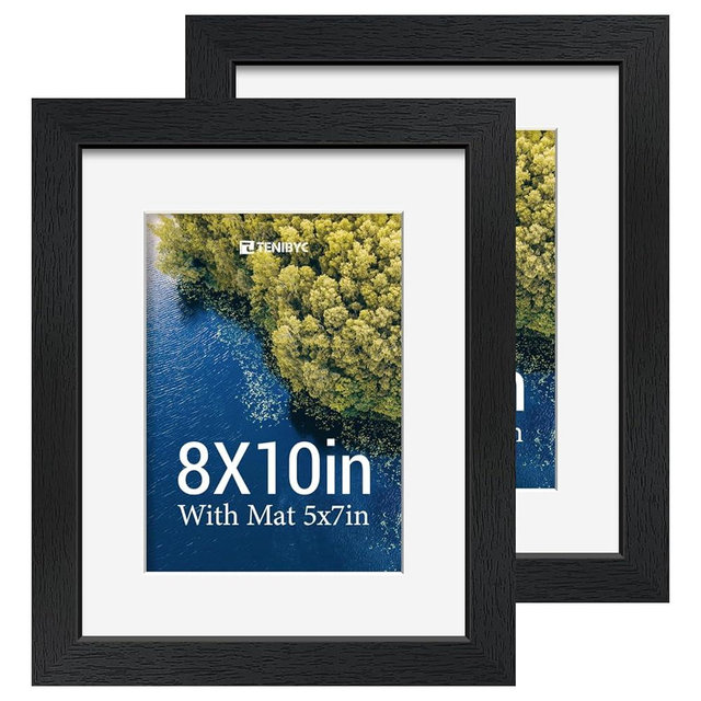 TENIBYC 8x10 Picture Frame Set - 2 Pack, Black Solid Wood Photo Frames, Tempered Glass, Displays Photos 5x7 with Mat or 8 x 10 without - Room, Office, Gallery, and Hallway Decor - Wall Hanging