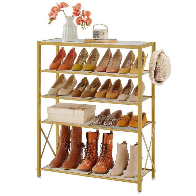 Tajsoon 5 Tier Closet Shoe Rack for 16-20 Pairs of Shoes, Free Standing Shoe Racks with 2 Hooks, Metal Mesh Shoe Storage Entryway, Shoe Shelf Organizer with X Shape Fixed Frame, White & Gold