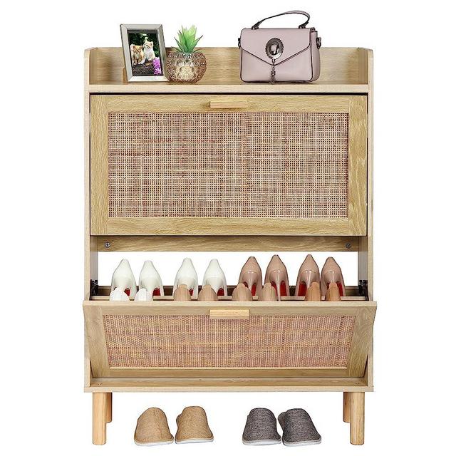 Finnhomy Extended Edition Shoe Cabinet with Natural Rattan Flip Drawers for Entryway, Free Standing 2 Tier Slim Shoe Organizer with Large Top Board, Shoe Cabinet with 3-Gear Adjustable Width Drawers
