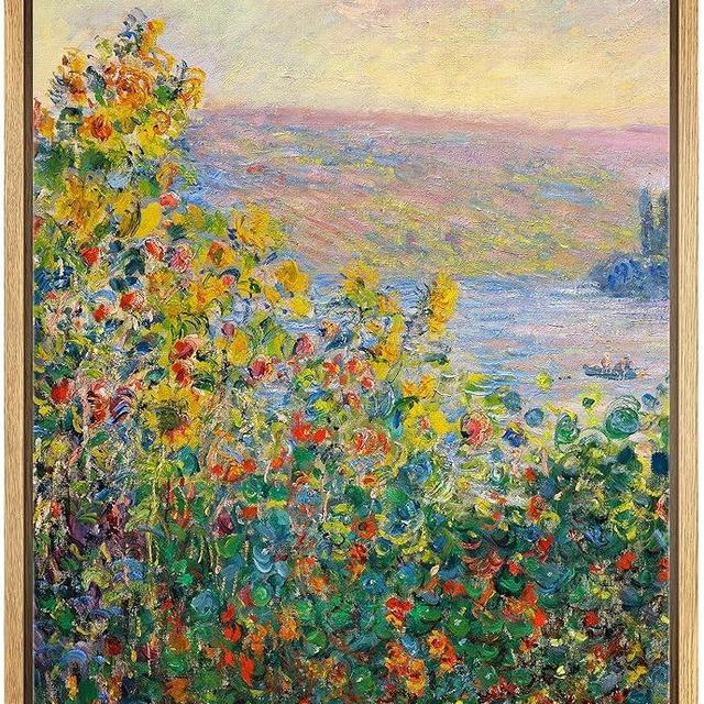wall26 Flower Beds at theuil by Claude Monet - Framed Canvas Print Wall Art Famous Painting Reproduction - 24"x36" NATURAL