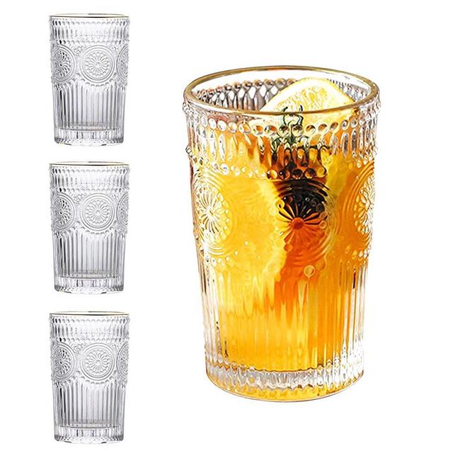 MISIMPO Drinking Glasses Set of 4, 12.5oz Embossed Romantic Water Glassware Set for Juice, Cocktail, Whiskey Glasses(12.5oz)