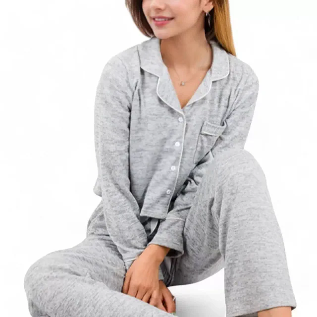 Anna-Kaci Women's Long Sleeve Button-Up Pajama Set with Piped Trim Details and Relaxed Fit - Small, Gray