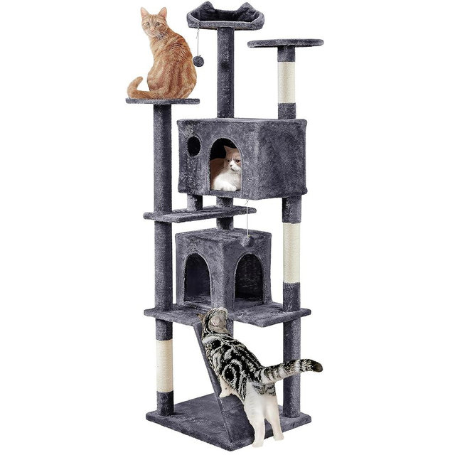 Yaheetech XL Cat Tree, 80in Multi-Level Tower With Scratching Posts, Double Caves, Perched Platforms and Dangling Balls, Stand House for Kittens Pet, Dark Gray