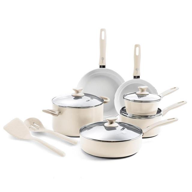 GreenPan Dover Healthy Ceramic Nonstick, 12 Piece Cookware Pots and Pans Set, PFAS-Free, Dishwasher Safe, Comfort Grip Handle, Cream White