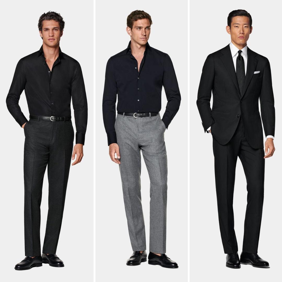 Men’s attire inspiration in black and charcoal - clean, classic, and perfect for an elegant evening look within our palette.