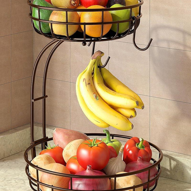 Sevenblue 2 Tier Large Fruit Basket for Kitchen Counter with Removable Banana Hanger - Sturdy Iron Fruit Bowl for Kitchen Counter and Vegetable Holder, Brown, Extra Large
