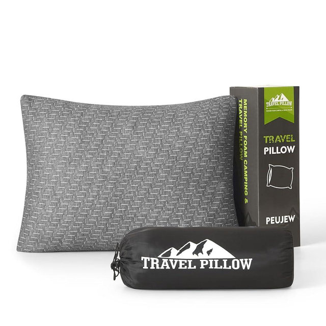 PEUJEW Travel Size Pillow, Compressible Memory Foam Pillow, Camping Pillow Breathable Cover for Travel Airplane Car Hiking Camping Outdoor