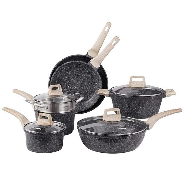 Carote Nonstick Cookware Set,11 Pcs Nonstick Cookware Set Pan and Pot, Essetial Woody,Black