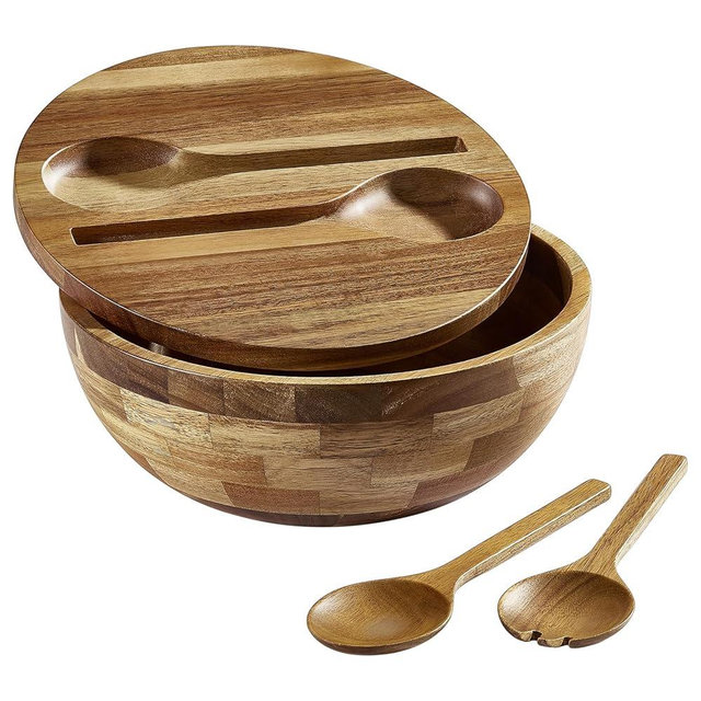 ECWAY Acacia Wooden Salad Bowl With Lid and Utensils, Large Serving Wood Bowl Set for Fruits, Salads and Vegetables,Wooden Mixing Bowl, Acacia Lid, Acacia Wooden Spoon and Tongs, 4 - Piece