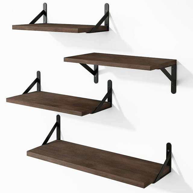 YGEOMER Floating Shelves, Rustic Wood Shelves, 4 Sets of Wall Mounted Shelf for Bathroom Decor, Bedroom, Living Room and Plants (Walnut)