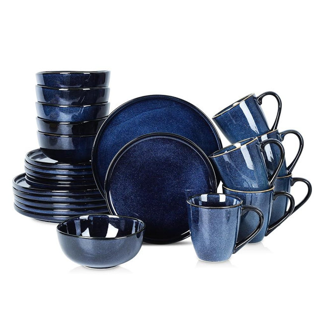 Vicrays 24-Piece Kitchen Dinnerware Set, Ceramic Flat Dinner Plates, Salad Plates, Bowls Set, Coffee Mug, Microwave, Oven, and Dishwasher Safe, Scratch Resistant, Suitable for Home, Party (Blue)