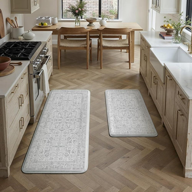 PureCozy Kitchen Mats 2PCS Anti Fatigue Cushioned Mat Gray Vintage Kitchen Mats for Floor Waterproof Non Slip Comfort Standing Grey Retro Floral Rug for Sink Laundry Office 17.3"x47"+17.3"x30"