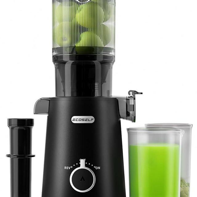 ECOSELF Juicer Machines, Cold Press Juicer with 4.35” Wide Mouth, Whole Fruit Juicer, Slow Masticating Juicer for Vegetable and Fruit, Self Feeding, High Juice Yield, Easy to Clean with Brush, Black