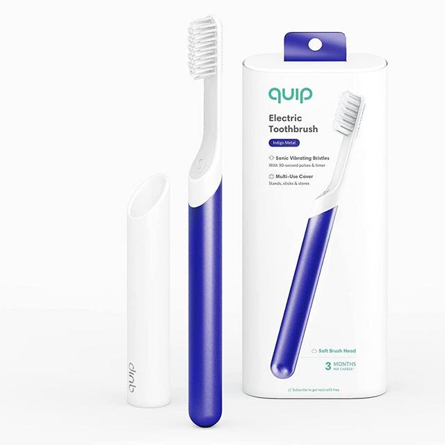 Quip Adult Electric Toothbrush - Sonic Toothbrush with Travel Cover & Mirror Mount, Soft Bristles, Timer, and Metal Handle - Indigo