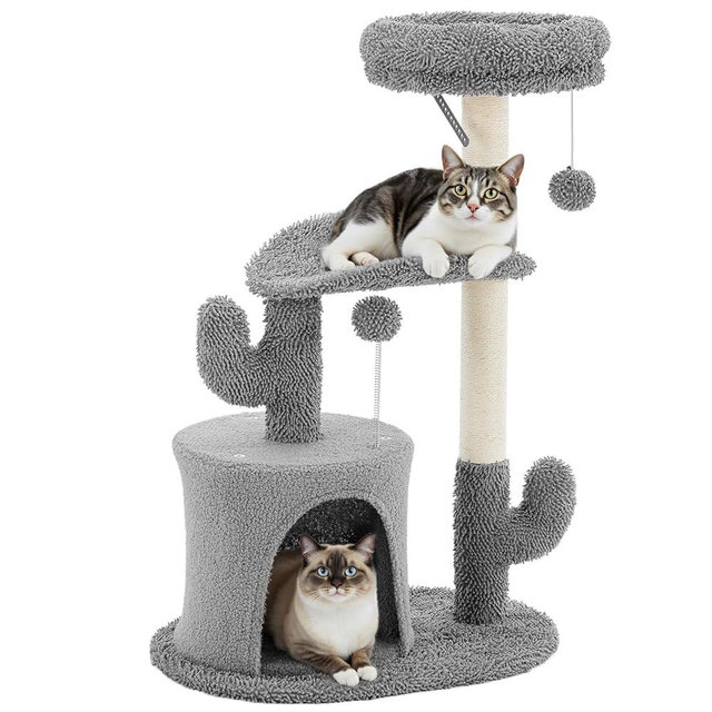 Aidoly 33 Inch Small Cat Tree Tower, Cat Tree with Curved Bed, Cat Tower with Scratching Post and Cozy Condo for Indoor Kittens and Cats, Grey
