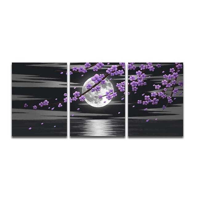 HOMEOART 3 Pieces Purple Flower Tree Canvas Art Wall Decor Full Moon Floral Landscape Modern Painting Canvas Prints Framed Artwork 12"x16"x3pcs