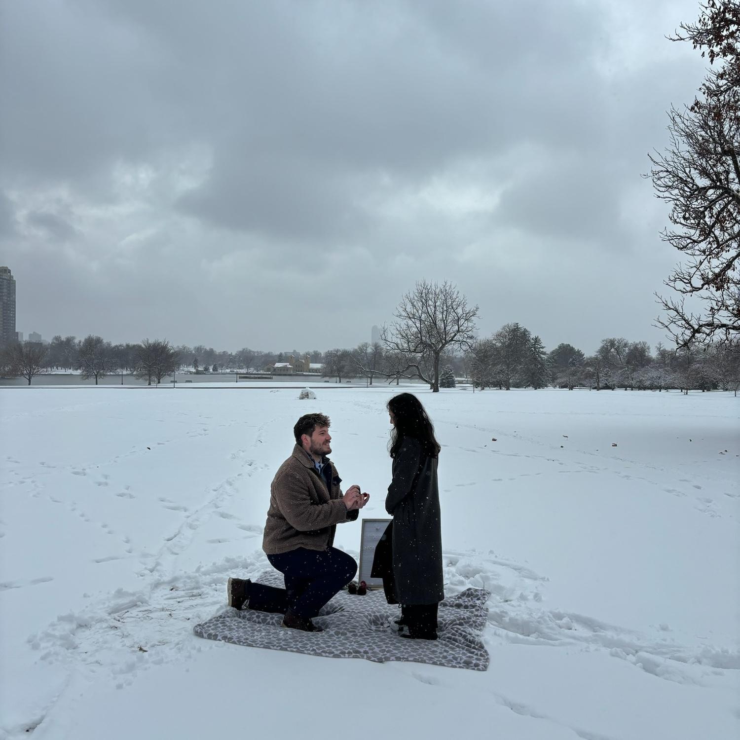 2024 - Nate proposes to Karlie in the snow of Denver, Colorado.