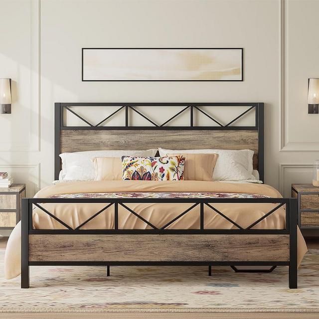 LIKIMIO California King Bed Frame, Tall Industrial Headboard 51.2 ", Platform Bed Frame with Strong Metal Support, Solid and Stable, Noise Free, No Box Spring Needed, Easy Assembly, Rustic Maple