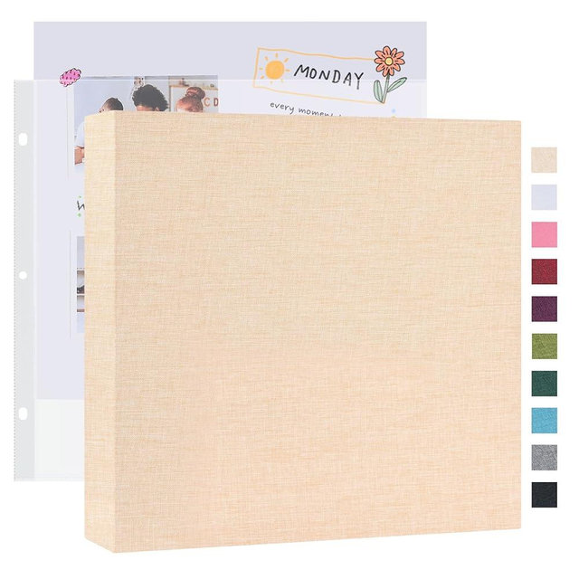 Mublalbum 12x12 Inch Large 3 Ring DIY Scrapbook Photo Album with 20 Plastic Sleeves 40 Pages Linen Cover Folder Binder for Baby Travel Wedding Anniversary and DIY Projects (Beige)