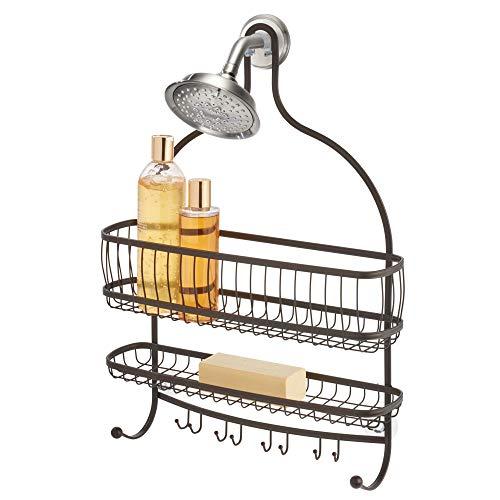 iDesign York Metal Wire Hanging Shower Caddy, Extra Wide Space for Shampoo, Conditioner, and Soap with Hooks for Razors, Towels, and More, 16" x 4" x 22", Bronze