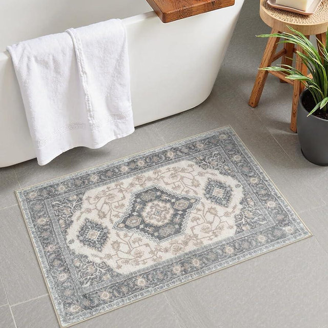 Seavish Gray Vintage Bathroom Rugs, 18x26 Inch Boho Distressed Super Absorbent Bath Mat, Small Soft Non Slip Washable Bathroom Rug for Sink Shower Vanity, Oriental Farmhouse Toilet Rug