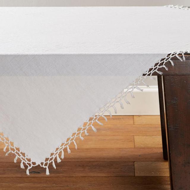 Belgian Linen Fringe Knotted Table Throw, White - 50" x 50"