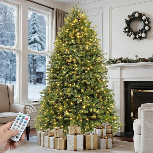 GOOBED 7.5FT Prelit Artificial Christmas Tree with Remote, Green Bell Shape Christmas Tree with Dual Color LED Lights, 11 Light Modes & Stand, Xmas Holiday Decor for Home,Mall, Office and Restaurant