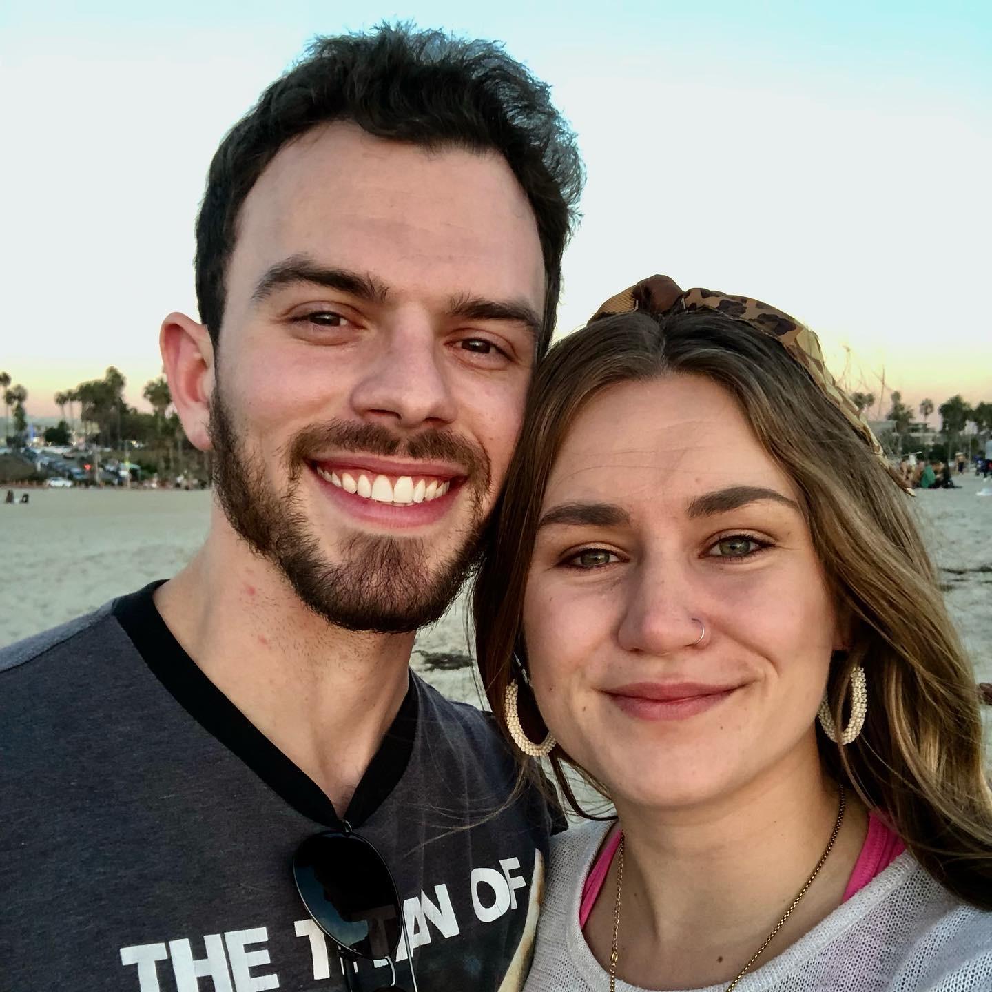 At sunset on Santa Monica Beach with our friends Bethany and Andrew! Our first cross-country trip! November 2021.