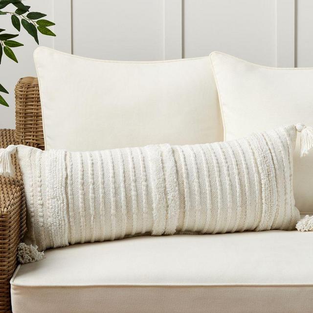 Whillham Handwoven Outdoor Lumbar Throw Pillow, 14" x 34", Ivory