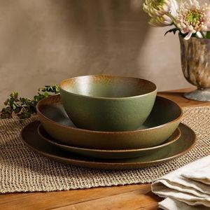 Palermo Sun Double Bowl Stoneware Reactive Glaze Plates and Bowls Dinnerware Set - Cardamom Green, Service for Four (16pcs)
