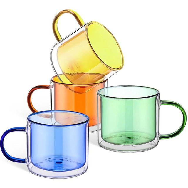 Domensi 4 Pcs Double Wall Coffee Mugs 10 Ounce Milk Glass Mugs with Handle Insulated Tea Cups Gift Set for Holidays Birthday Home Coffee Bar(Amber, Green, Blue, Yellow)