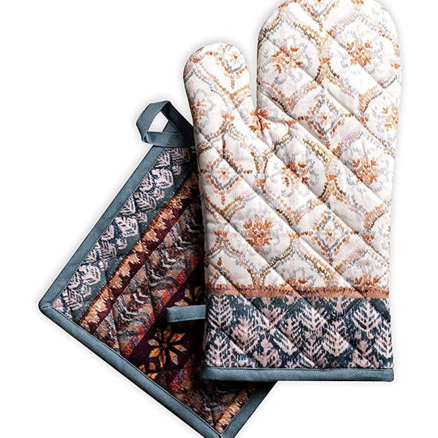 Maison d' Hermine Fair Isle 100% Cotton Set of Oven Mitt (7.5"x13") and Pot Holder (8"x8") for BBQ Cooking Baking Grilling Microwave Barbecue Thanksgiving/Christmas