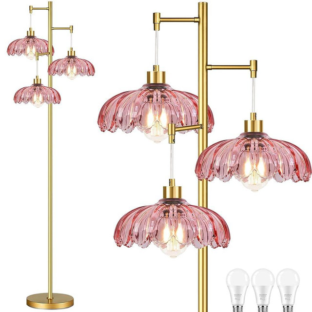 HTTDZM Pink Floor Lamp for Living Room,Bedroom,Gold Mid Century Modern Standing Lamp Brass Tree 3 Light Tall Floor Lamps Glass Floor Lights Flower Lamp Shade Girls Kids Boho Bohemian