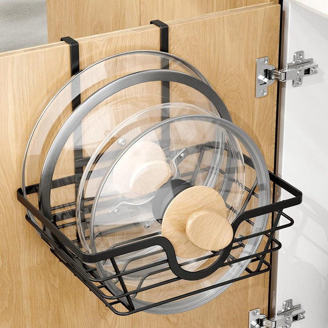 TIDIIABODE Pot Lid Organizer, Adjustable Kitchen Pot Lid Holder Inside Cabinet, Kitchen Cabinet Organizer Hanging for Food Storage Container, Pot, Pan Lid & Bakeware, Black