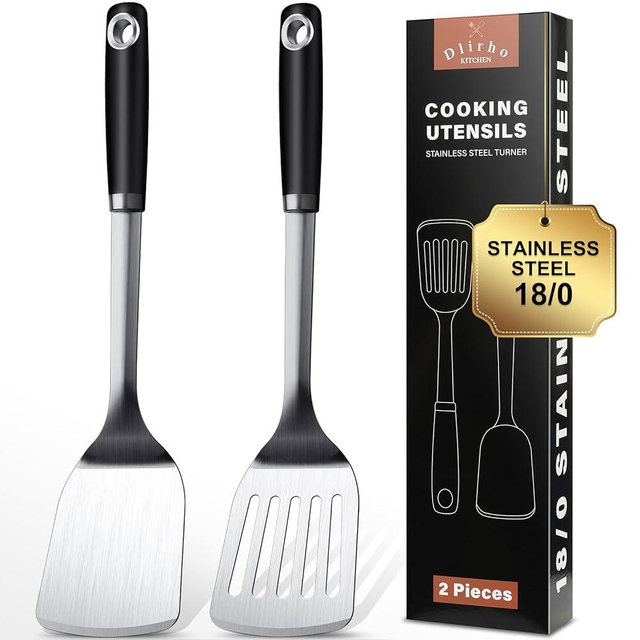 Stainless Steel Spatula Set, 2 Piece Heavy Duty Turner/Metal Spatula, High Heat Resistant Kitchen Cooking Utensils, Ideal Cookware for Frying Steak, Fish, Eggs or Pancakes