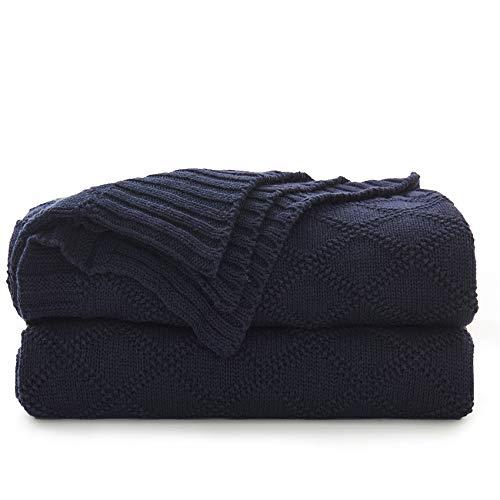 Longhui bedding Navy Blue Cotton Knit Throw Blanket for Couch Sofa Bed - Home Decorative Soft Cozy Sweater Woven Fall Cable Oversize Knitted Blankets - 3.4 pounds 60 x 80 Inch
