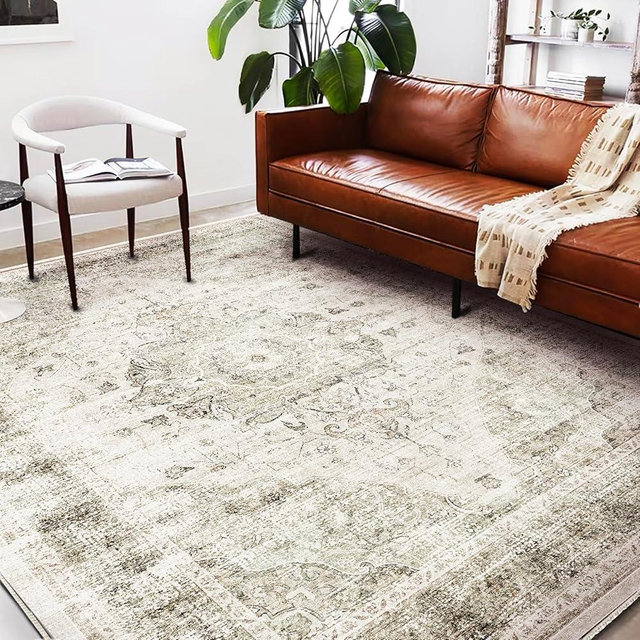 CHAMPLANT Washable Area Rug 9'x12' Retro Floral Khaki Boho Design Non-Shedding Easy Care Ideal for High Traffic Areas in Living Room Bedroom Office Coffee Table Kitchen Large Carpet