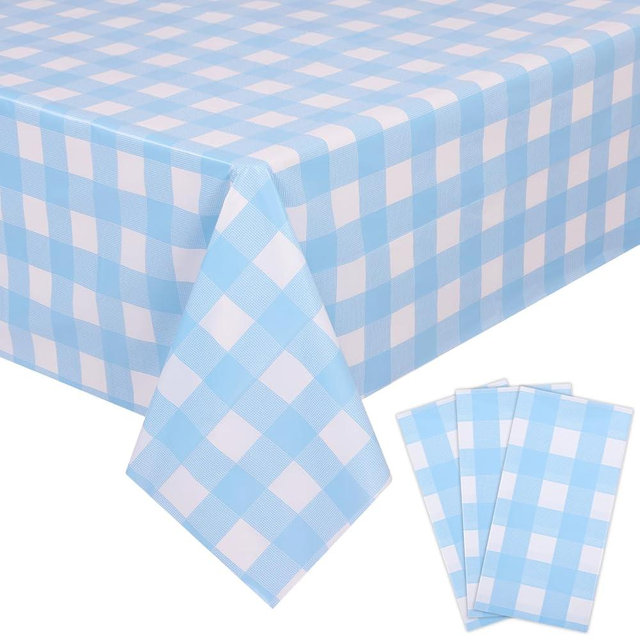 Kesfey 3 Packs Light Blue Gingham Tablecloth Pale Blue and White Checkered Tablecloths 54 x 108 Inches Disposable Plastic Gingham Tablecovers Waterproof Rectangle Picnic Table Cover for Birthday Party