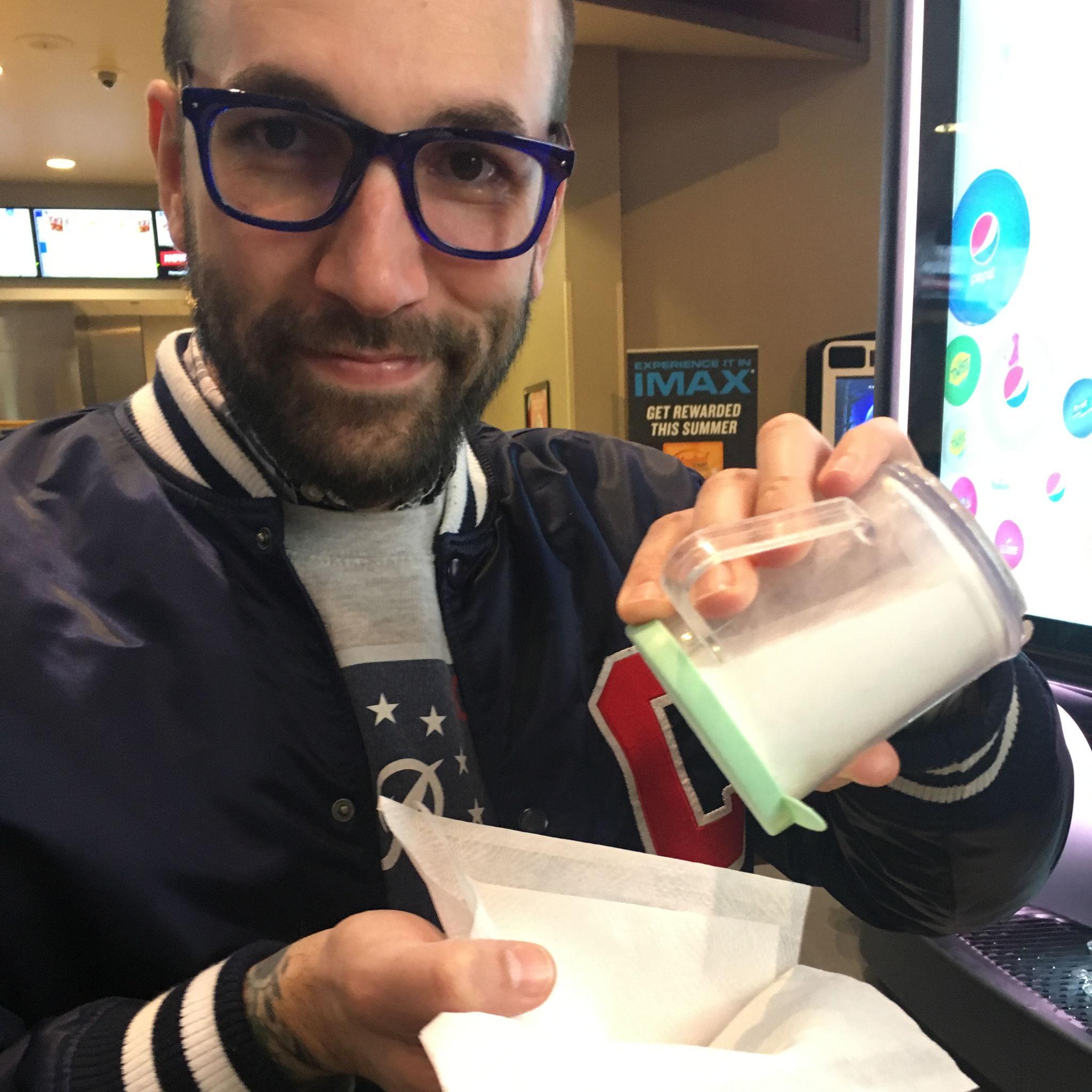 I found out Jason make a little pouch of "pocket salt" to use on his popcorn throughout the movie.