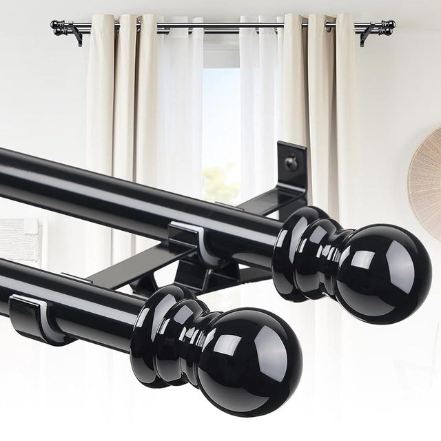 CALCHELE Double Curtain Rods for windows, 1 Inch Diameter double rod curtain rods Heavy Duty Decorative Drapery Rod for Windows 28 to 42 Inch Black